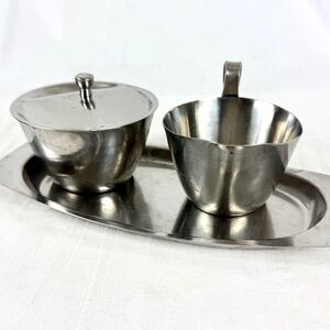 Fraser Sweden Stainless Steel Cream and Sugar Set w Tray 4 pc Dishwasher Safe